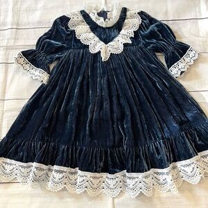 Petite Amalie blue velvet dress with vintage lace